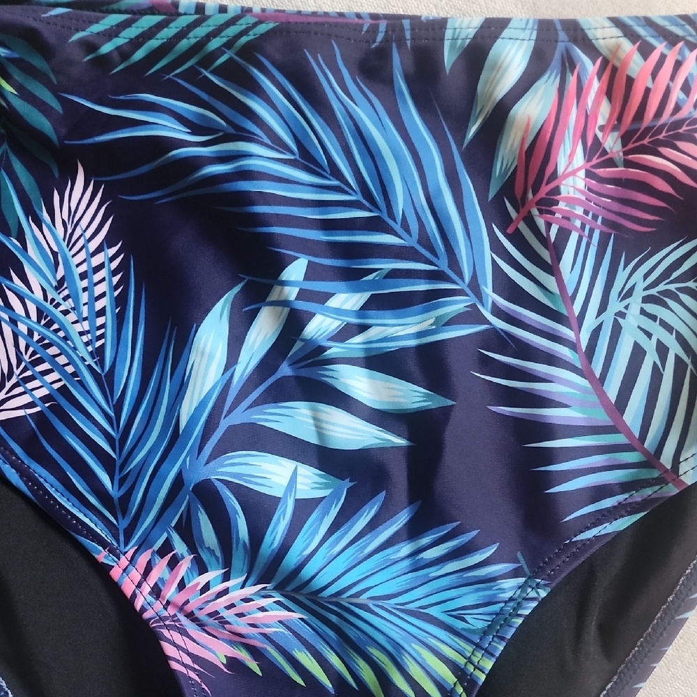 High-Waist Tropical Leaf Bikini Bottom in Navy and Teal With Side Cut-outs